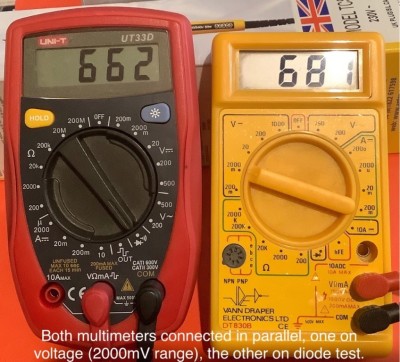 Both multimeters connected in parallel, one on<br />voltage (2000mV range), the other on diode test.