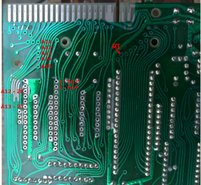 Bottom of ZX81 PCB showing signal details including A14