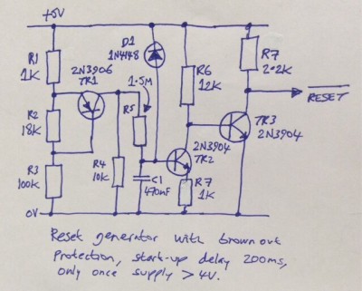 Experimental transistor based reset and brown-out circuit